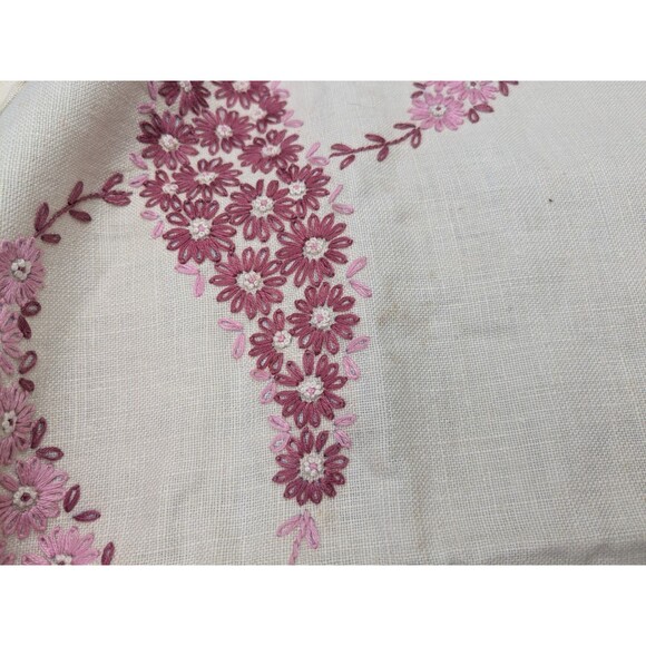 Vintage EMBROIDERED Rectangular Tablecloth Beige With Pink Floral + 6 Napkins - Picture 3 of 10